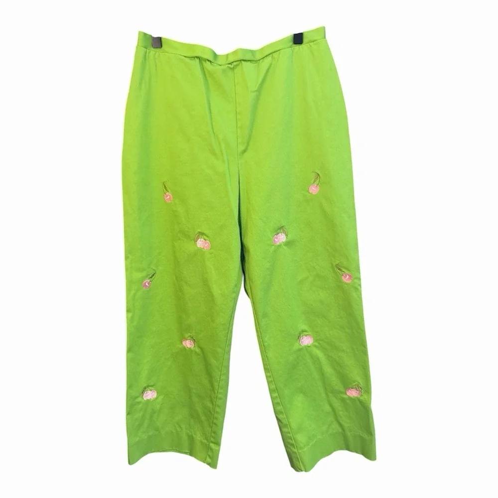 Sag‎ Harbor Petite Cherry Embroidered Matching Set Green Crop Top Size 14P Y2K